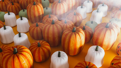 Colorful Halloween pumpkins with spooky decor and backdrop