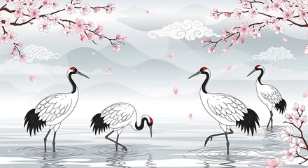 Naklejka na meble Elegant Cranes in Serene Waters with Cherry Blossoms and Soft Clouds