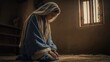 © Gayane - Young Mary kneels alone in a humble Nazareth room, soft light from a small window bathing her in quiet prayer and gentle hope.