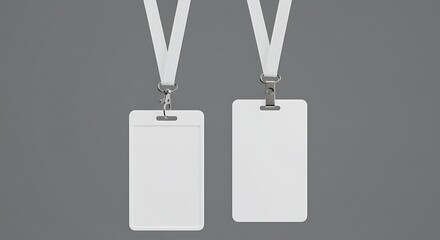 The image depicts two identical white rectangular name tags suspended from a white ribbon lanyard