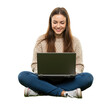 © sujon1638 - Young woman happily working on her laptop computer while sitting cross legged on the floor isolated on transparent background