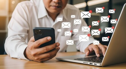 email marketing strategy: man checking inbox on phone and laptop for business growth tips