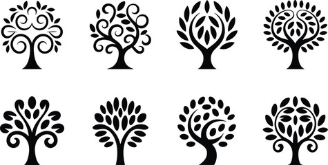 Collection of diverse tree shapes and forms for graphic design projects silhouette