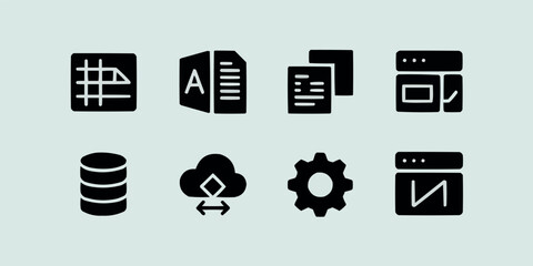 Set of diverse computer and programming icons illustrating software development and data management in modern technology