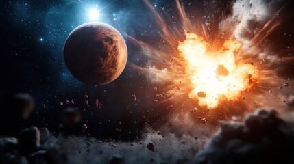 Wall Mural - Spectacular space explosion with distant planet and cosmic dust