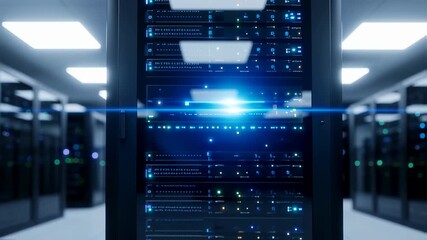 Wall Mural - Data server rack with glowing blue light in a modern IT computer data center room, technology network infrastructure video