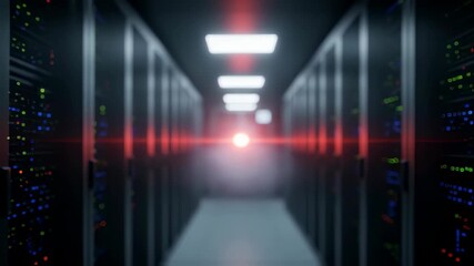 Wall Mural - Server room corridor with illuminated racks and optical flare on network data processing. Database center infrastructure.