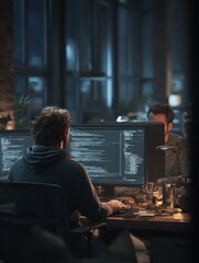 software developer and a man at computer for coding script or cyber security in office