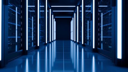 Wall Mural - Futuristic data center hall with glowing blue server racks and digital reflections on the floor, technology footage.