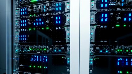 Wall Mural - Server rack animation with blinking lights zoom. Data center cabinet with digital information processing and computing.