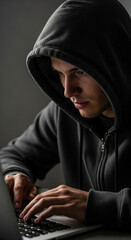 Wall Mural - close-up of person in dark hoodie using laptop, shadowy lighting, conveying secrecy, mystery, or onl