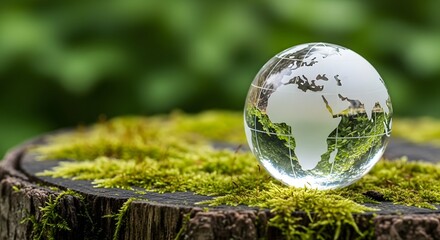 Glass earth globe on mossy tree stump representing environmental conservation and sustainability