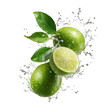 © sarif - Limes splashing in water, kitchen background, food photography, recipe illustration