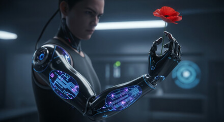 Wall Mural - cyborg's robotic arm delicately holds red poppy, showcasing technological advancement and nature's b