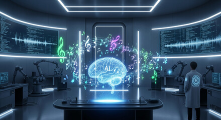 Wall Mural - futuristic lab scene showcasing ai music composition: holographic brain, musical notes, robotic arms