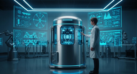 Wall Mural - scientist interacting with advanced, cylindrical machine in a futuristic lab, surrounded by holograp