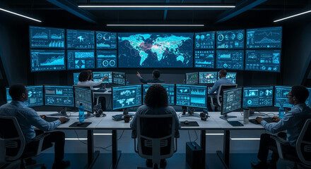Wall Mural - team of professionals monitoring global data streams on multiple screens in a dark control room, sho