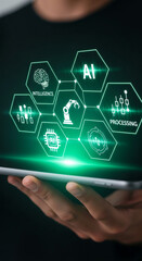 Wall Mural - green ai interface on tablet, showcasing intelligence, processing, and robotic automation concepts. 