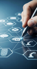 Wall Mural - hand using stylus on dark blue touchscreen showing ai network concept hexagon icons, symbolizing tec