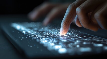 Finger touching digital interface with glowing particles, technology concept