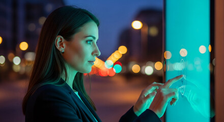 Wall Mural - woman uses interactive touchscreen display at night, city lights blurred background, showcasing mode