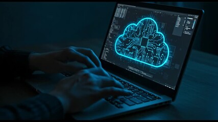 Cloud Computing Laptop Screen: Developer Hands Coding with Neon Cloud Illustration