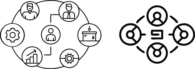 Business Process and Teamwork Icons in Black and White on transparent background