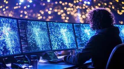 A programmer working on a computer, with multiple screens displaying code.