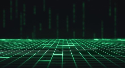 Wall Mural - Cyberpunk Grid: Glowing Green Lines on Dark Background, Futuristic Tech Aesthetic