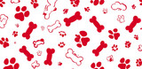 Seamless pattern of red and white dog bones, paw prints, simple line art style, cute cartoon design, on a white background