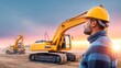 © NovaVision - Construction worker observes the setting sun on a bustling construction site with heavy machinery.