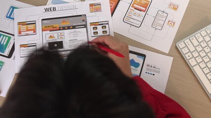 Wall Mural - top view panorama video of startup company employee planning on user interface prototype for mobile 