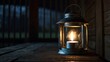 © Yasith - A vintage lantern with a glowing candle inside sitting on a wooden surface in the dark outdoors