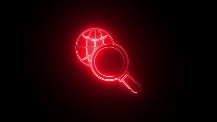 Wall Mural - Glowing red neon line magnifying glass with globe icon isolated on black background analyzing the world. Red Neon SEO and Social Media Icon. Search information in global internet icon glow red neon. 