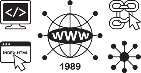 World Wide Web Development Icons Set Depicting Coding, HTML, Hyperlinks, and Network Connections in Black