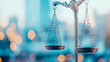 © sommersby - Antique brass balance scales symbolizing justice and equilibrium, presented against dreamlike, blurred urban backdrop with soft bokeh lights.