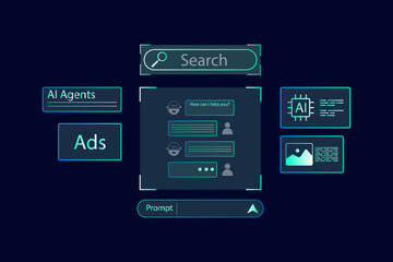AI search interface on tablet, featuring intelligent chatbot, prompt input, and futuristic digital assistant for next-gen artificial intelligence technology.