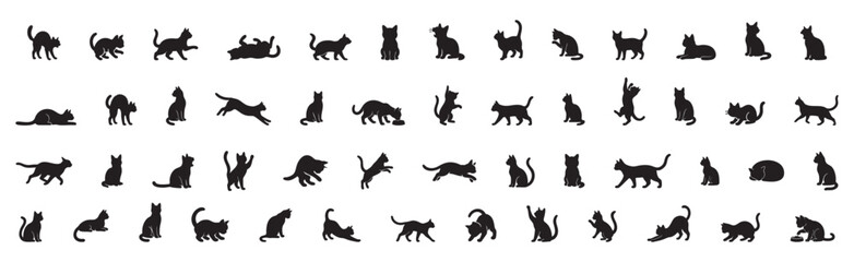  Collection of black cat and kitten silhouettes in various poses, isolated on white background. concept of pets, cute felines, domestic animal, playtime, design element. Set