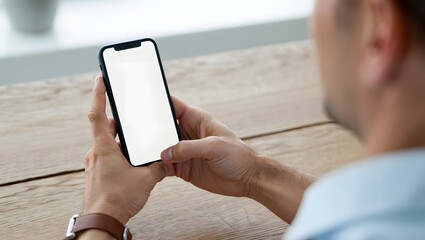 Mockup, woman's hands holding mobile phone with blank screen in coffee shop. Woman using smartphone, looking at the screen, over shoulder view