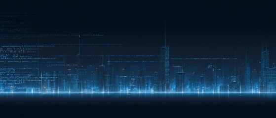 Abstract Digital Cityscape with Illuminated Buildings and Lines of Code, Dark Backdrop Illustration, AI Technology Concept