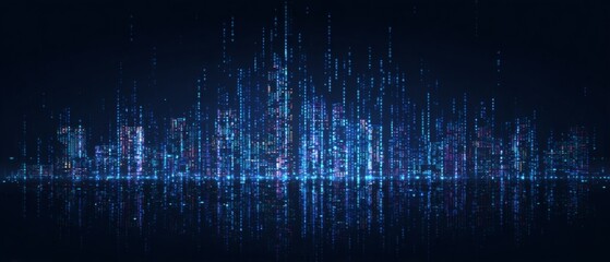Abstract Digital Cityscape with Illuminated Buildings and Lines of Code, Dark Backdrop Illustration, AI Technology Concept