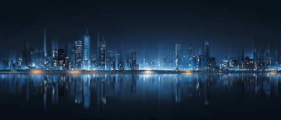 Abstract Digital Cityscape with Illuminated Buildings and Lines of Code, Dark Backdrop Illustration, AI Technology Concept