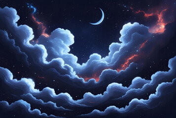 Wall Mural - Crescent moon in a beautiful night sky with clouds and nebula