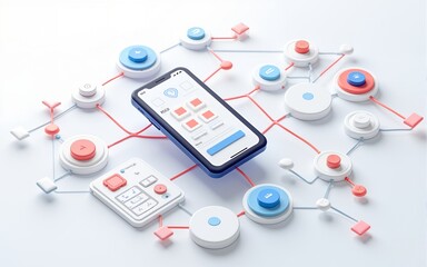 UX UI flowchart connection node graphic designer creative planning application process development data prototype wireframe for web mobile icon phone . User experience concept. 3d rendering.