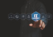 © MUNTHITA - IT support concept. Businessman touching virtual interface button for technical assistance, modern technology support, technical services, help desk solutions, digital innovation, network management.