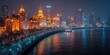 Nighttime View of Waterfront Buildings Illuminated in Shanghai, China