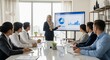 © Mateus - Leading the Way: A poised presenter captivates a focused audience during a dynamic business meeting, with graphics displayed on a large screen, epitomizing professional engagement.