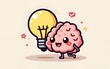 © happy - Human brain and lamp bulb for patches, badges, stickers, posters. Cute funny cartoon character icon in asian japanese kawaii style. Work smart Not Hard motivational and creative quote. High quality