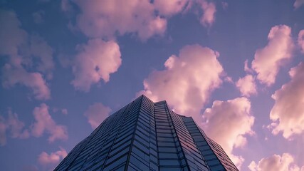 Wall Mural - Colorful 4K timelapse aerial footage of pink fluffy cumulus clouds drifting across a sunny lilac and blue sky at sunset shot from an airplane window or drone ideal for soothing sky or travel