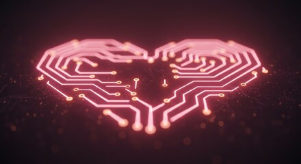 Wall Mural - Glowing Circuit Board Heart: Futuristic Tech Love Concept, Digital Romance.